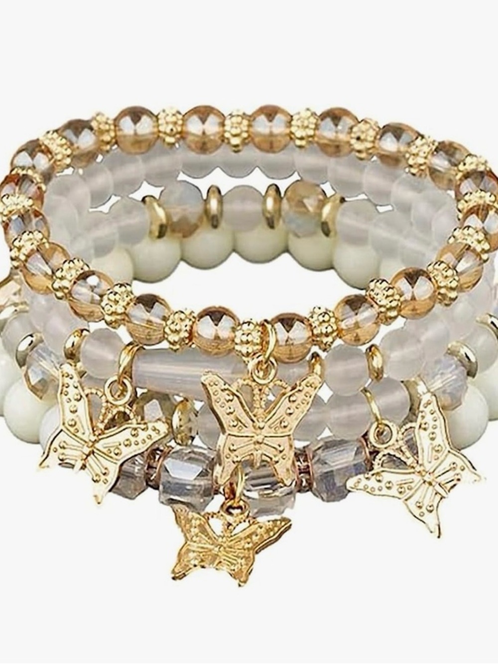 Boho Gold Butterfly Charm Beaded Bracelet Set Stack Cream Amber 4PC Stretch New - Picture 7 of 12